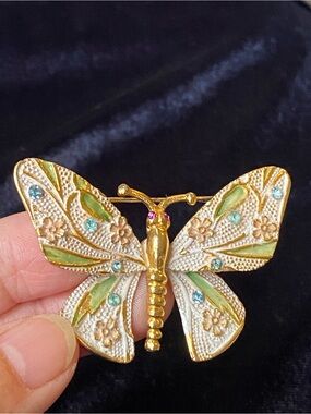 Vintage BSK Gold Tone Enamel Butterfly Brooch with Rhinestones